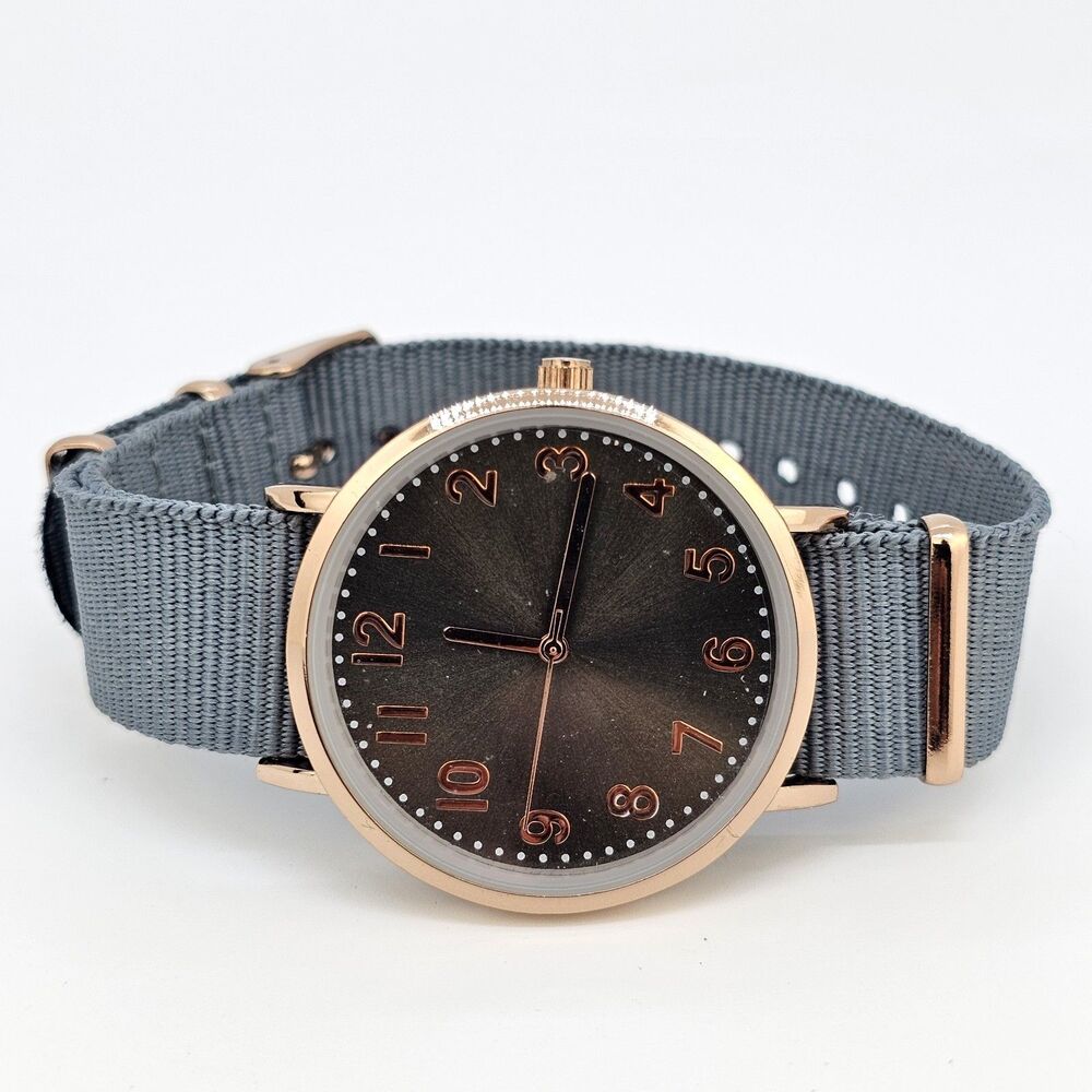 Unisex Watch 38MM Dark Gold Gray Dial Gray‎ Canvas Band Strap New Battery